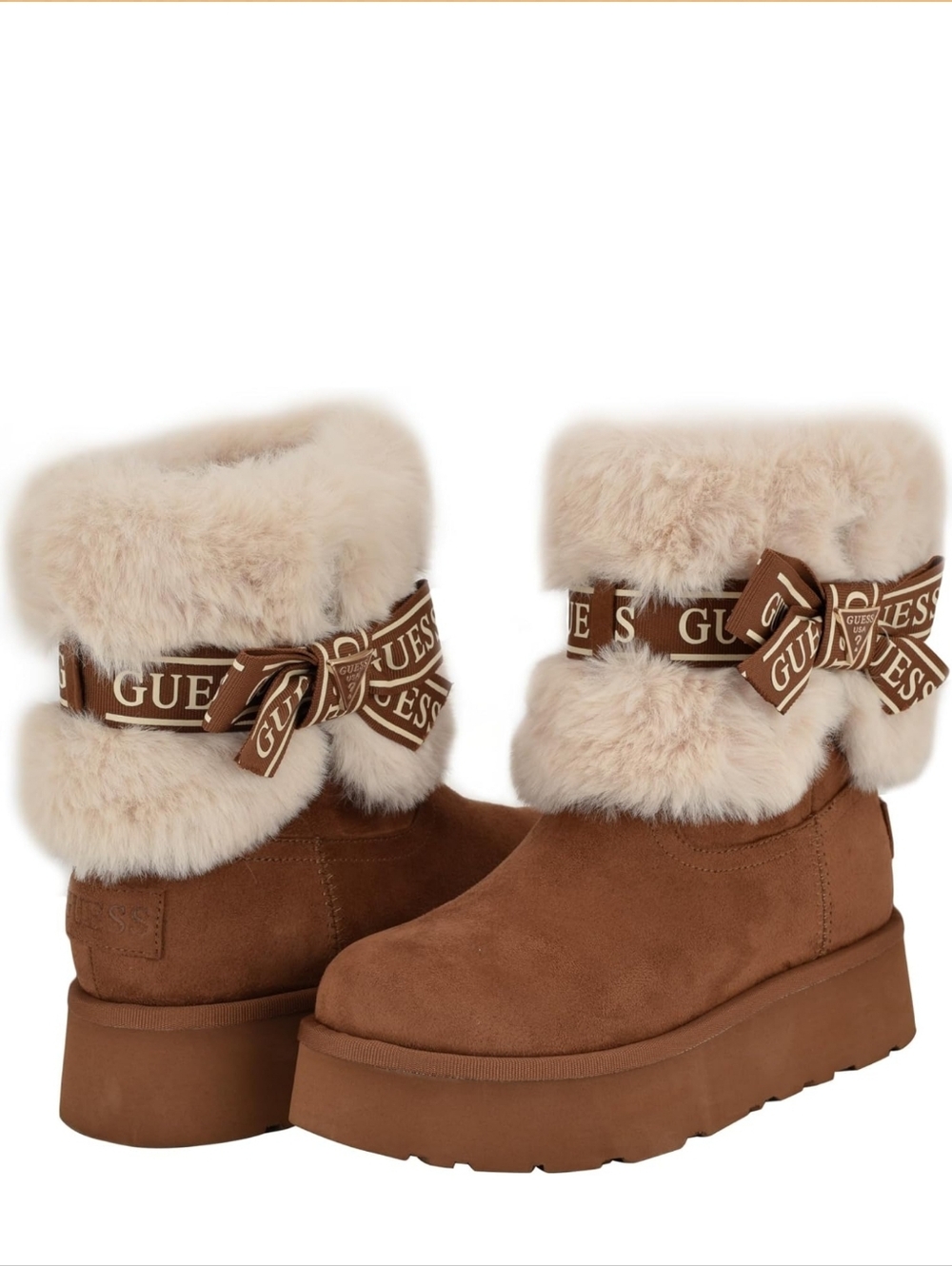 Guess Denla Booties Furry Suede With Platform Soles, Logo, Bow & Pin